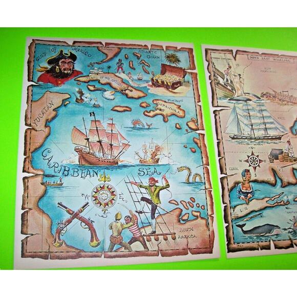 Pirate Ship Art Prints Treasure Chest Map Sea Monster Ocean Whales Set Of 2 - Picture 2 of 4